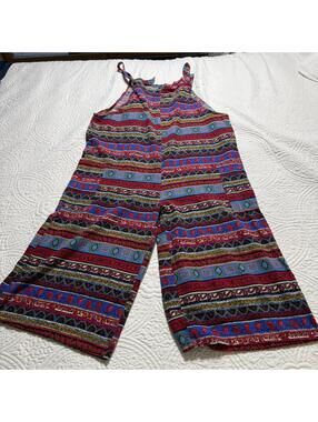 VONDA‎ BOHO Striped Cropped Romper, adjustable straps. Cotton/Linen SZ M Hippie